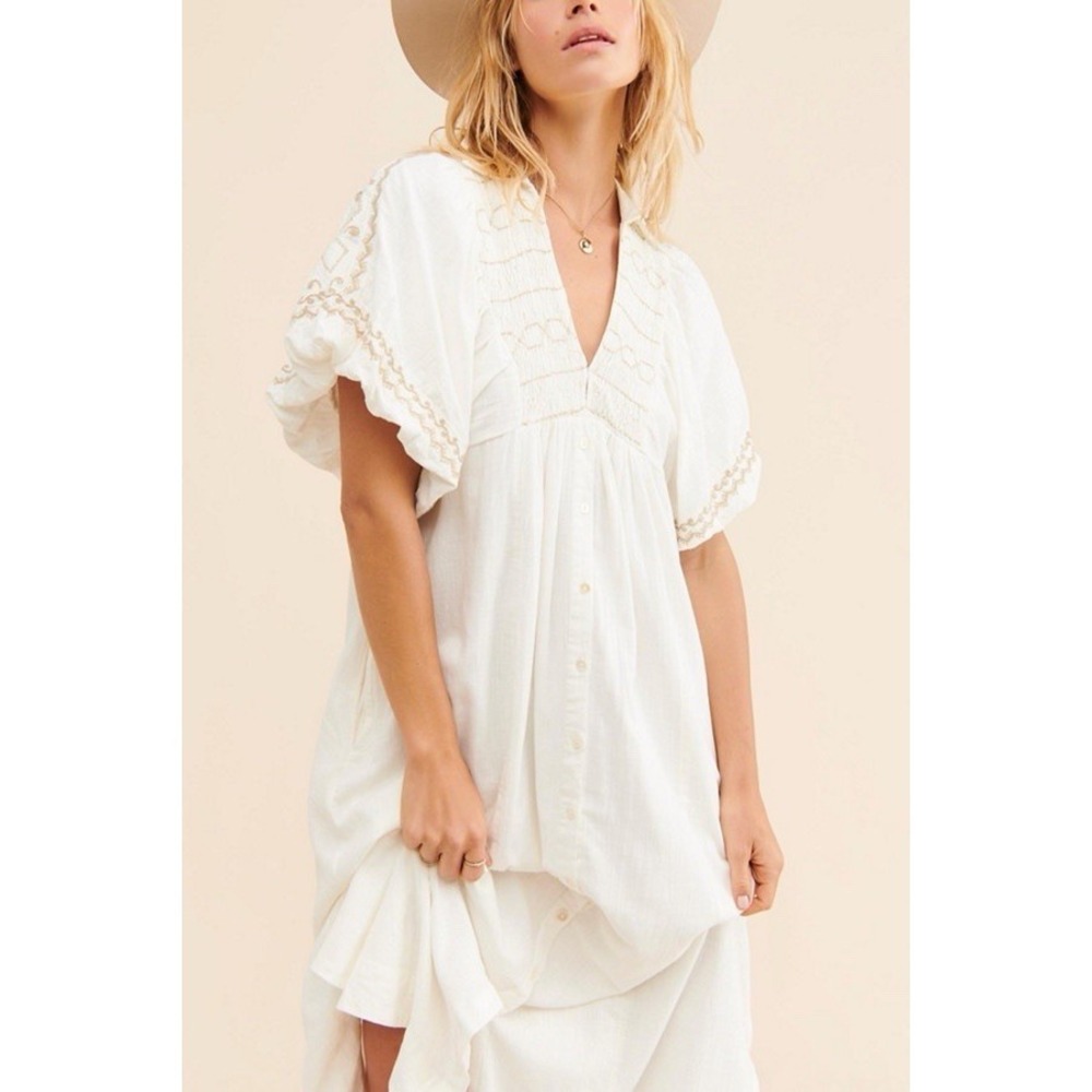 Free People Samantha‎ Shirt Dress Women's Size S Ivory Combo With Pockets